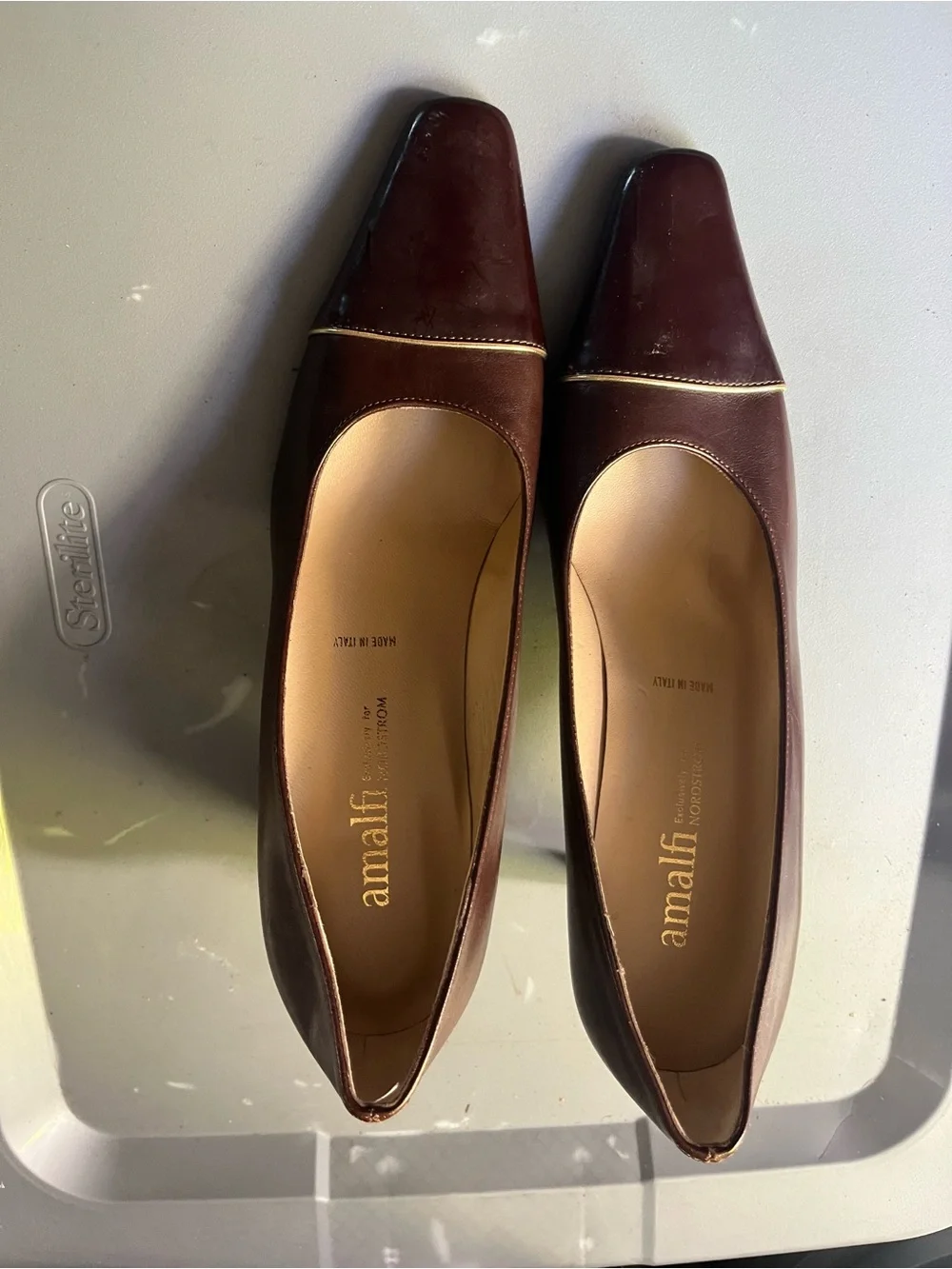 Amalfi Burgundy Brown Square-Toe Leather Flats with Gold Trim
